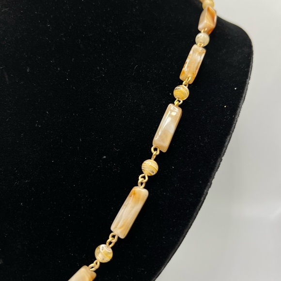 Vintage Gold Tone Brown Cream Marbled Glass Necklace Cylinder Bead Agate - Picture 3 of 4